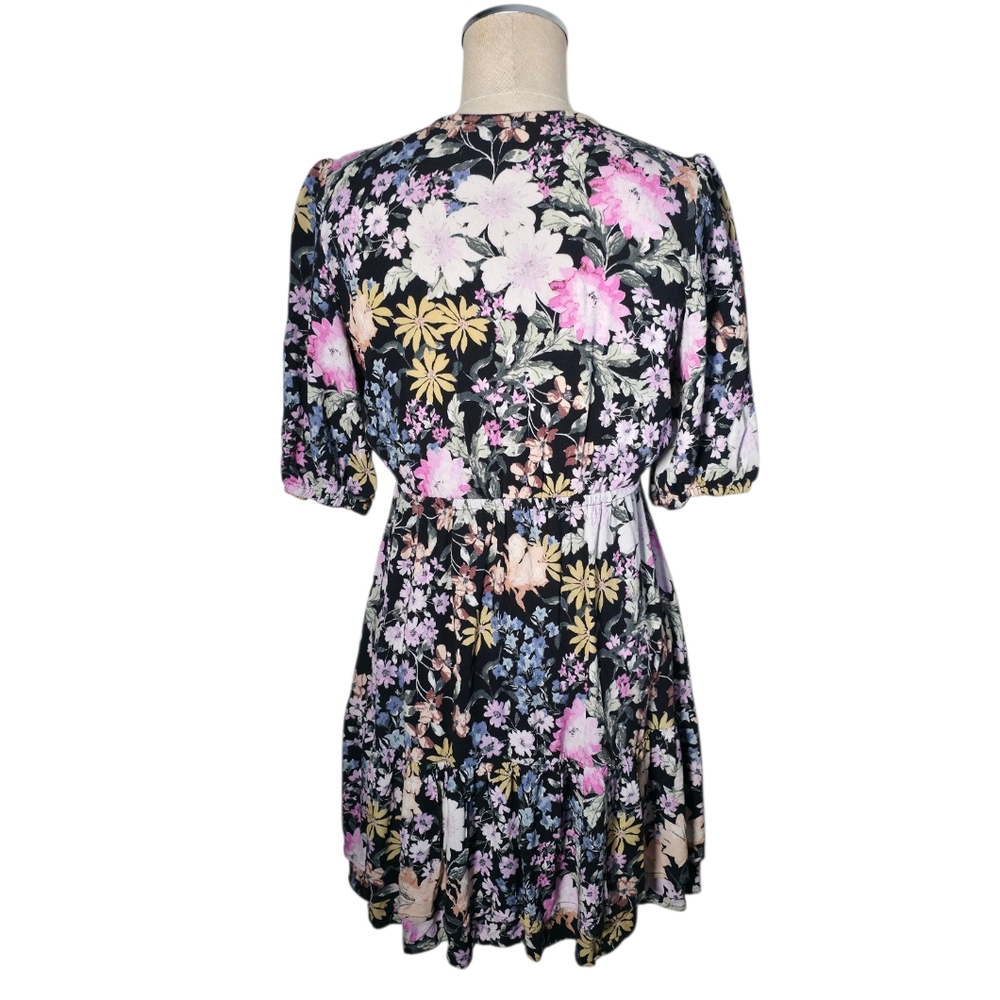 Saltwater Luxe Floral Mini Dress Small Black Pink Boho Tie Front Puff Sleeve - Picture 9 of 13